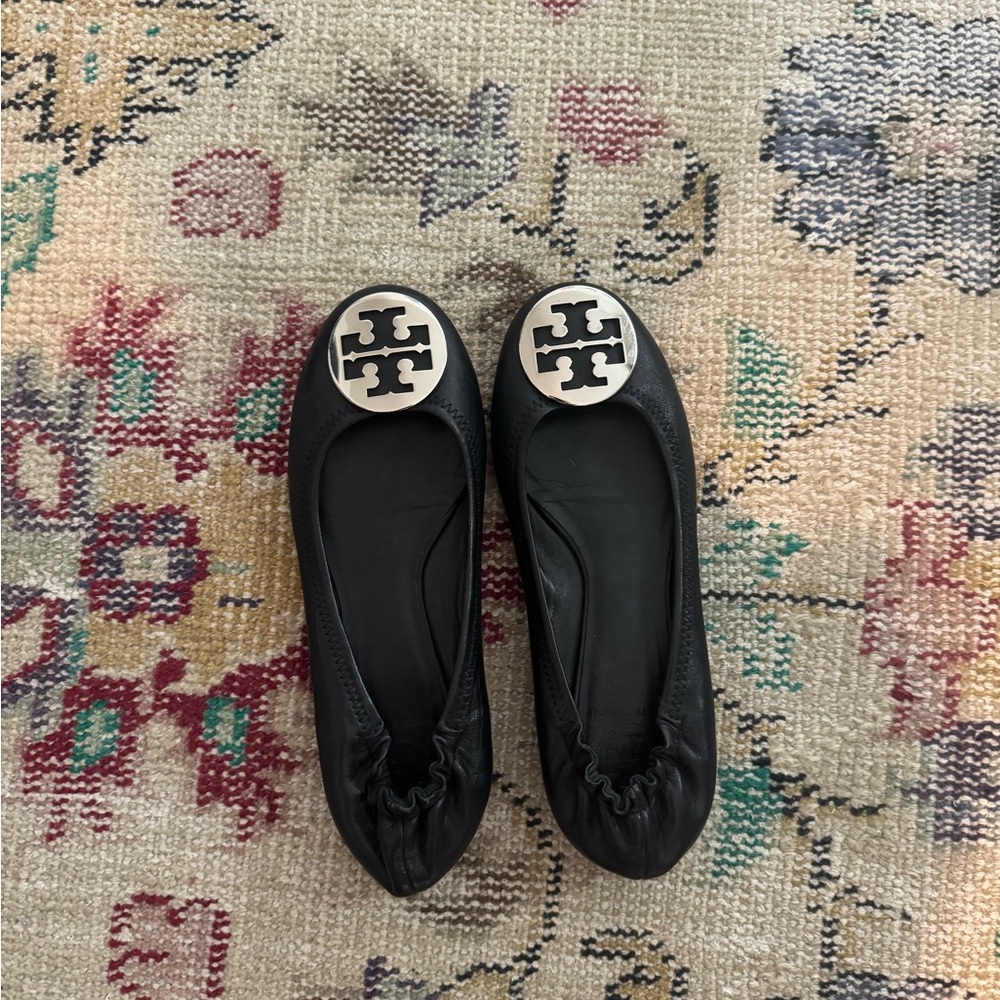 Tory Burch Black Leather Flats with Signature Medallion